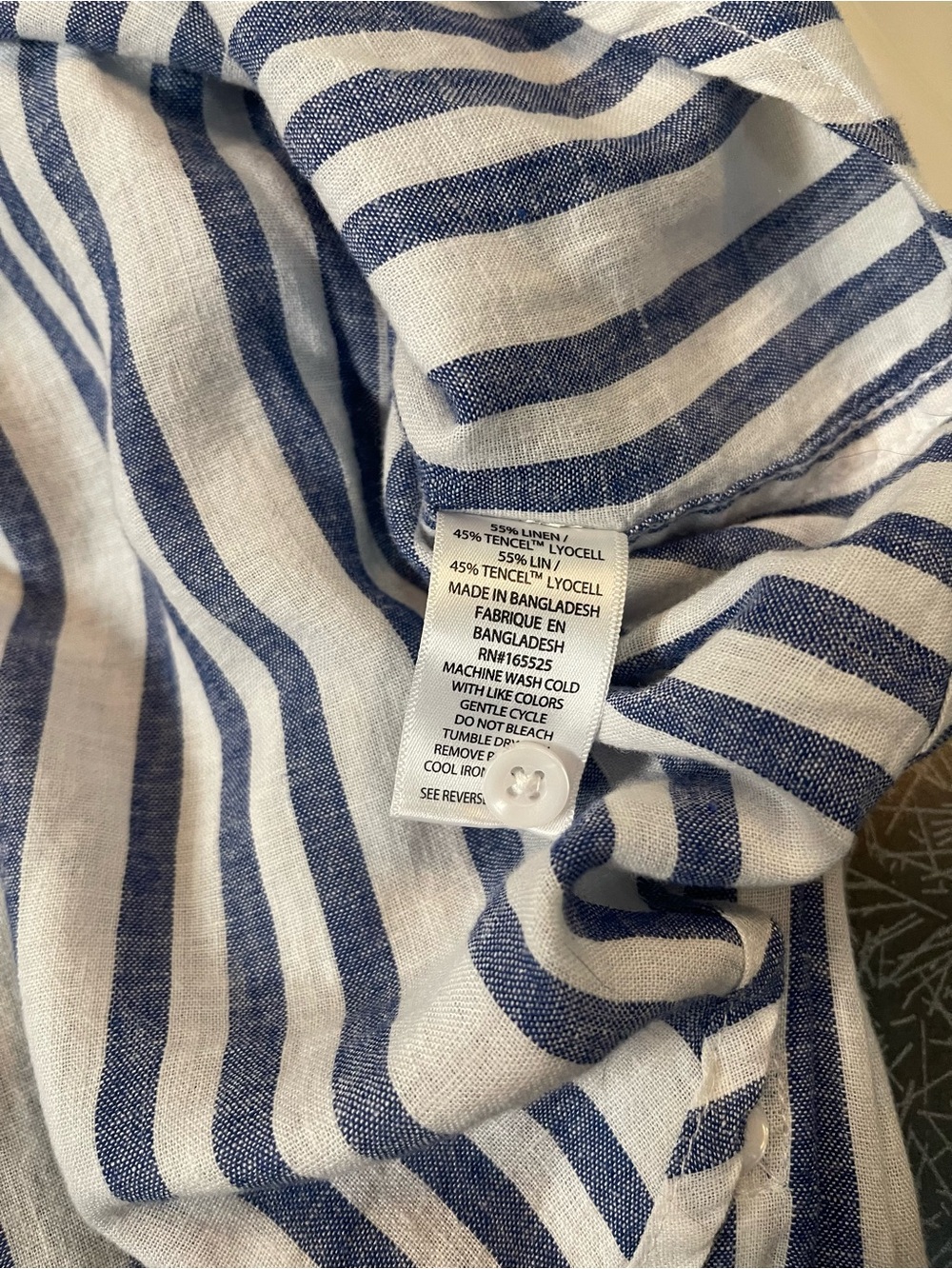 Lola River XL Blue White Linen Lyocell Striped Button Down Roll Tab Shirt - Picture 8 of 9